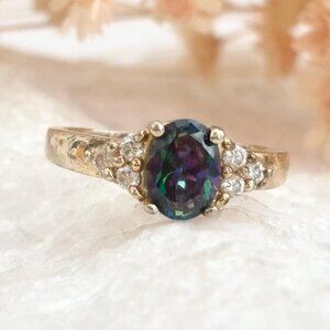 Mystic Topaz Triple CZ Gold Plated 925 Sterling Silver Vintage Ring - sz 7
